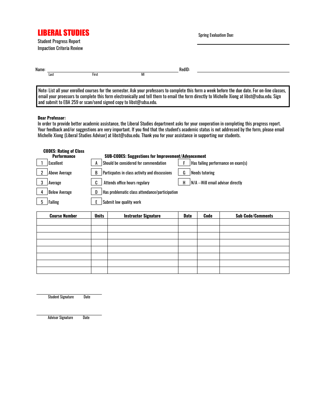 Liberal Studies Student Progress Report and Impaction Criteria Review form, designed by Michelle Xiong: student name and RedID fields, instructions for professors, a coded 1-5 performance rating rubric with lettered sub-codes for specific feedback, and a course-by-course table for instructor signature, date, code, and comments.
