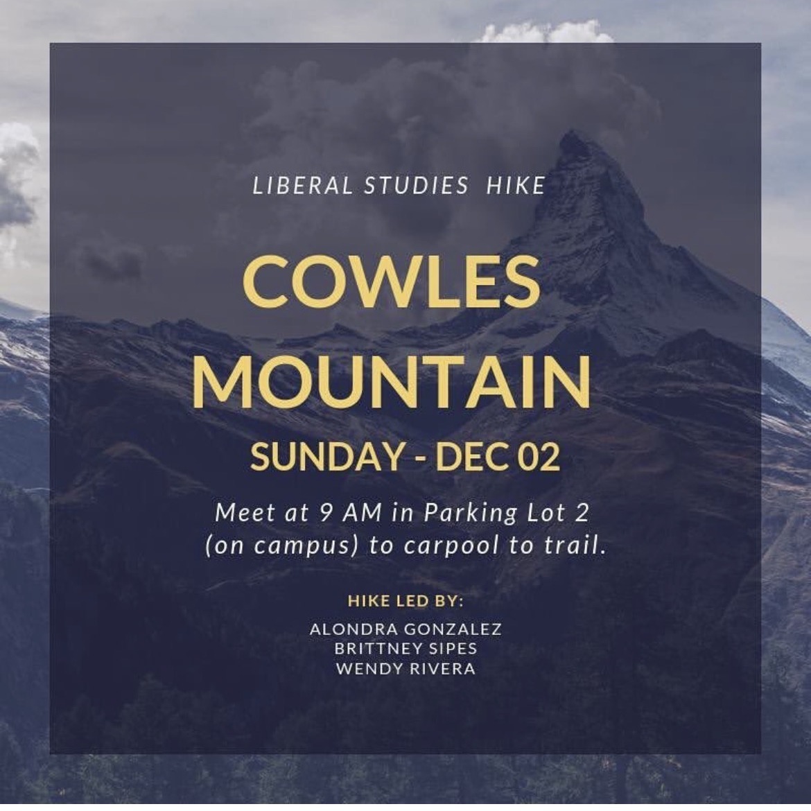 Liberal Studies Hike flyer announcing a Cowles Mountain hike on Sunday, December 2, meeting at 9am in Parking Lot 2.