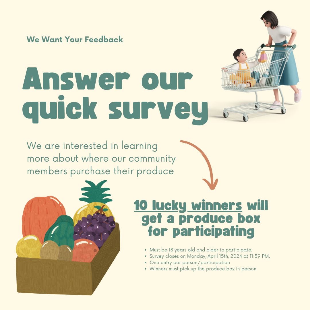 Instagram/Facebook flyer for the ABIRC screener survey: 'We Want Your Feedback — Answer our quick survey. 10 lucky winners will get a produce box for participating.'